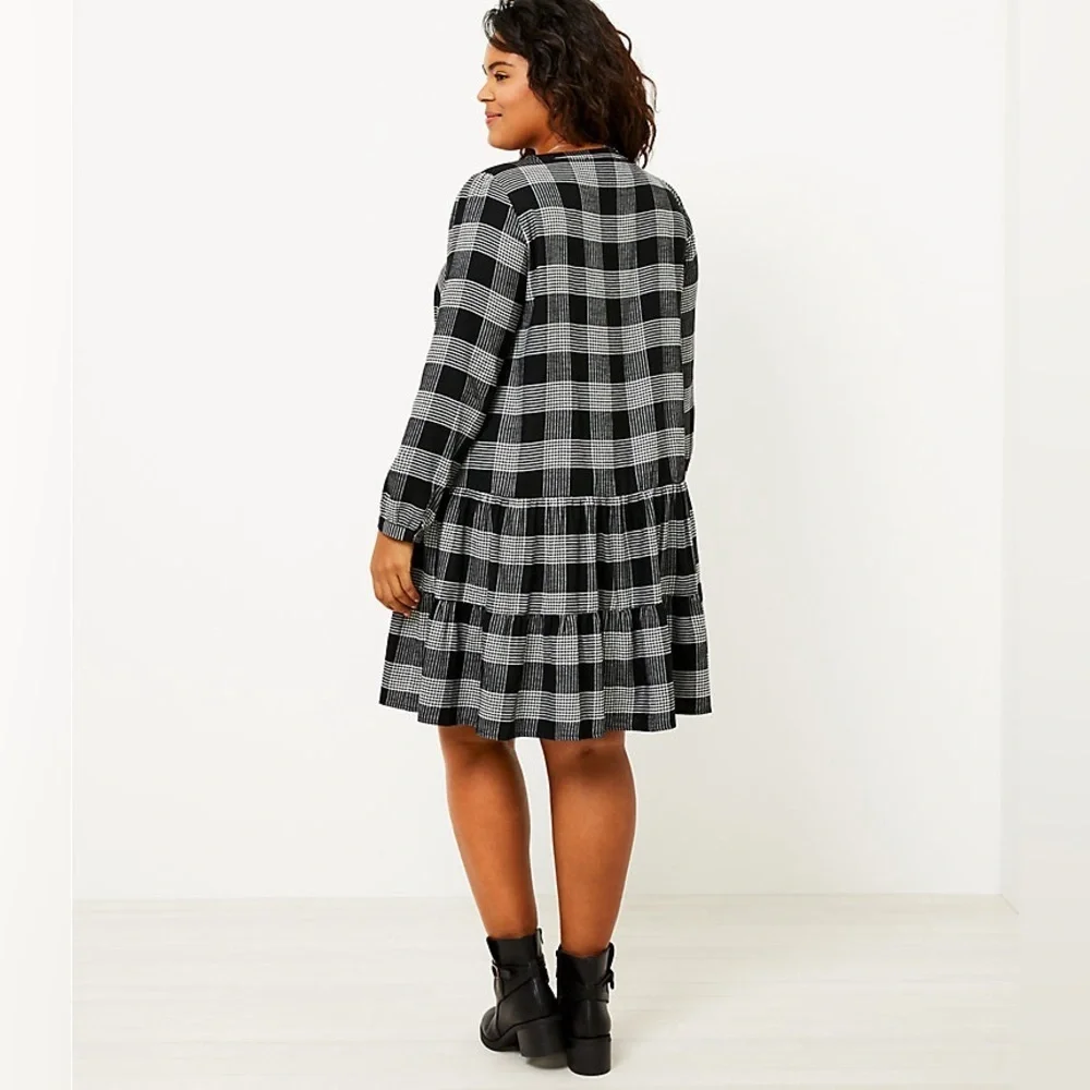 LOFT Plus Plaid Puff Sleeve Swing Dress 16W Black Plaid